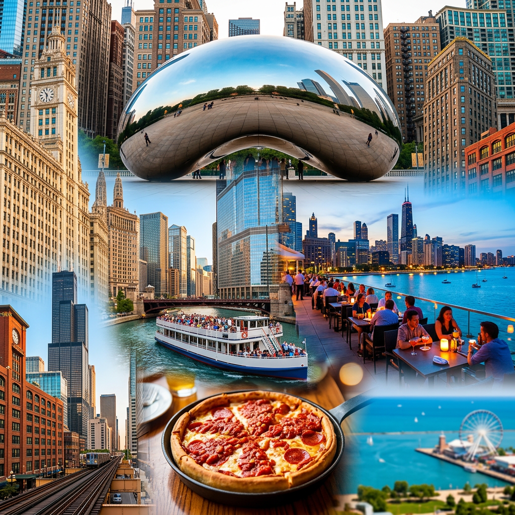 Collage of Chicago landmarks, skyline, river cruise, dining, pizza, and Navy Pier